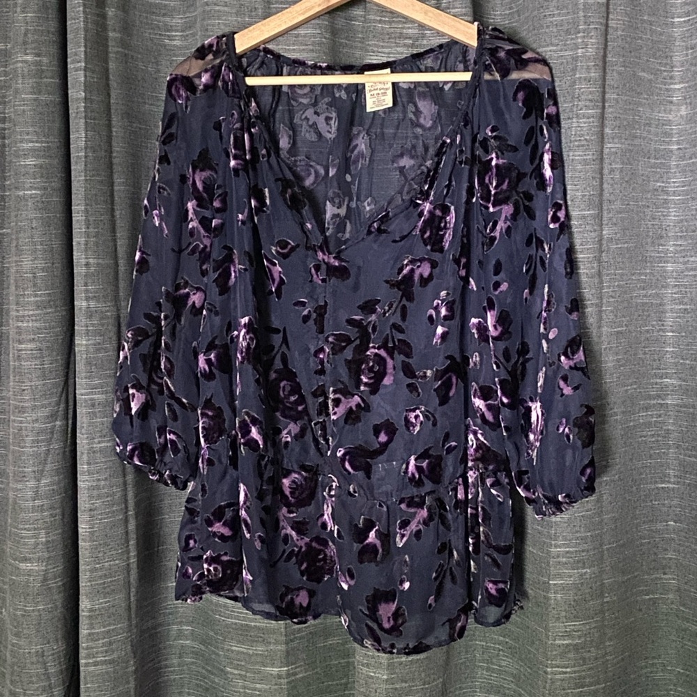Whimsygoth VTG Navy&Purple Velvet Floral Blouse Fairycore Witchy Charmed MED Y2K